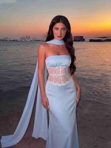 女士腰部拼接蕾丝吊带飘逸连衣裙，优雅复古宫廷风假日时尚夏季 - 藍色 - 查看 1