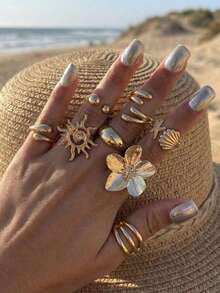 8pcs Vintage Punk Water Drop Flower Sun Multi- Ring Set, Fashion Geometric Design Rings, Suitable For Women's Daily Outfits And Party Accessories, Great Gift - Gold - View 5