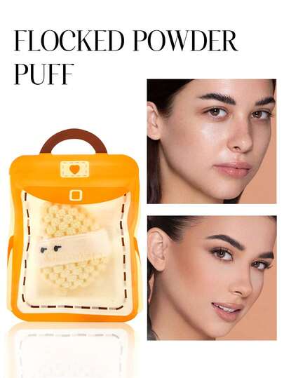 1个柔软植绒化妆海绵，质地舒适，芒果黄，简约印花，水滴和米粒形状，便携式化妆工具