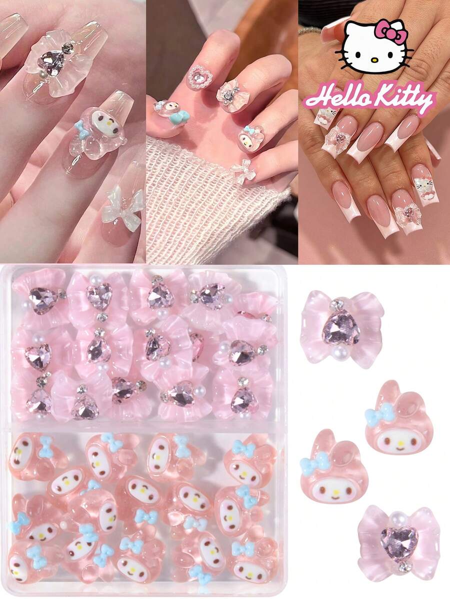 SANRIO 30件套三丽鸥Hello Kitty双格美甲装饰套装,两种款式蝴蝶结系列旋律设计美甲水钻平底装饰DIY - 彩色 - 查看 1