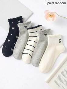 1/5双装 女士可爱透气条纹蝴蝶结波点图案短袜，隐形袜，ins风时尚袜，白色袜，黑色袜，适合日常休闲穿着，春夏秋冬 - 彩色 - 查看 9