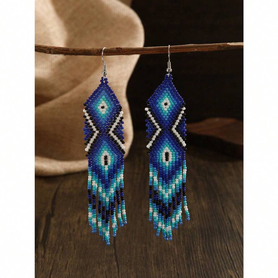 Handmade Beaded Earrings, Vintage Style Earrings, Bohemian Design, Daily Wear For Women, Thanksgiving Or Holiday Gift - Royal Blue - View 1