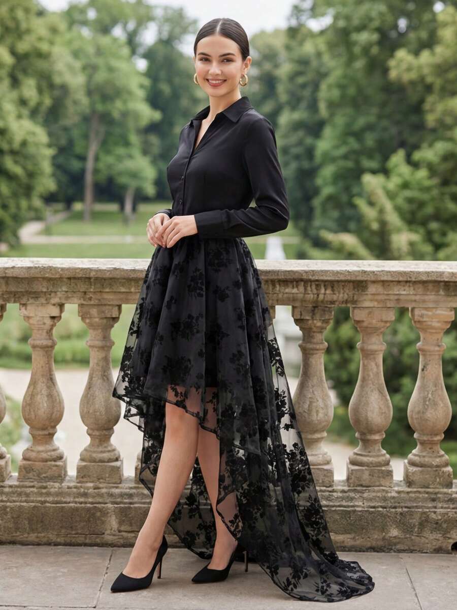 Women's Renaissance Victoria Long Maxi Skirt Halloween Costume Ruffle High Low Asymmetrical Skirt - 黑色 - 查看 1