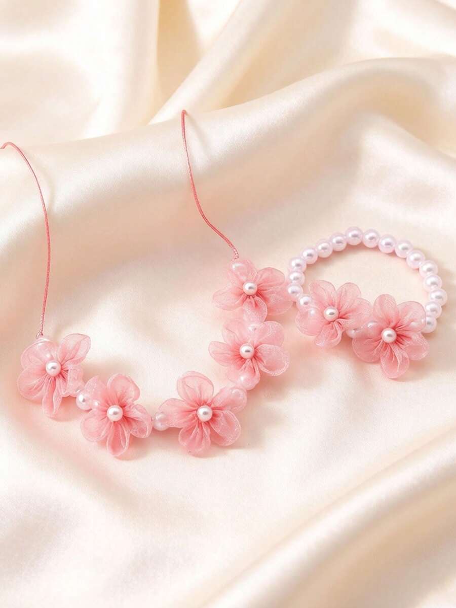 1 Bộ trang sức thủ công đính cườm hình hoa, gồm vòng tay và dây chuyền. - hoa - Xem 1