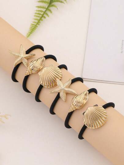 6 chiếc dây buộc tóc hình sao biển và vỏ sò bằng kim loại, kiểu dáng đại dương, làm từ hợp kim kẽm, thích hợp cho bé gái.