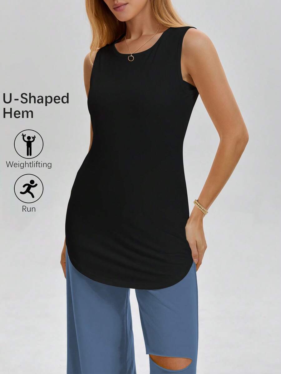Women's Long Casual Round Neck T-Shirt, Loose Side Basic Top, Spring/Summer
