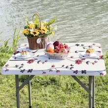 1pc White Base Blue Flower Elastic Table Cover, Waterproof Oilproof Outdoor Camping Picnic Rectangular Tablecloth Home Decor - A - View 5