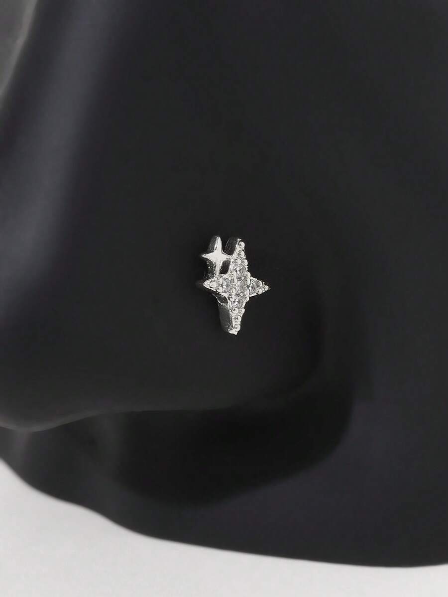 1pc Fashion L-Shaped Nose Ring, Sparkling CZ Cute Star Design Women's Nose Ring Nose Stud Nose Jewelry 20G L-Shaped Pin Silver Gold - Silver - View 1