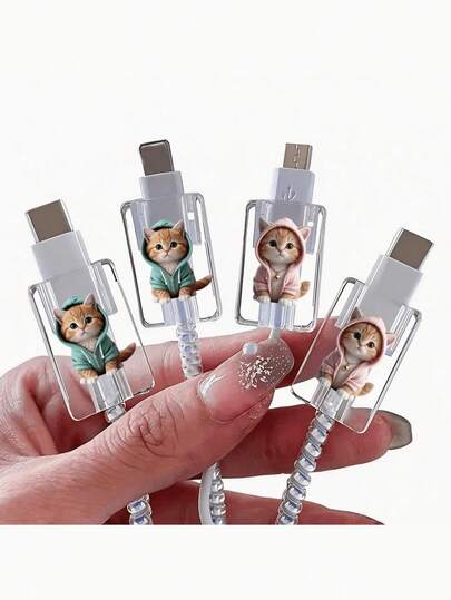 4件套粉色和绿色猫咪充电线保护套，兼容苹果iOS设备，可爱猫咪卫衣造型线缆整理器，送给朋友的理想礼物，圣诞节礼物