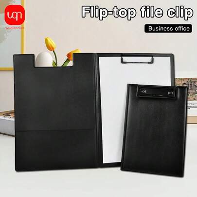 WUQIANNIAN Kẹp tài liệu WQN 1 chiếc cỡ A4/A5, kẹp tài liệu họp kinh doanh bằng da màu đen, kẹp gập bằng da, cảm giác thoải mái khi cầm, kẹp chắc chắn, thích hợp cho mùa tựu trường.