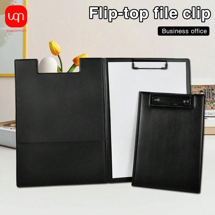 WUQIANNIAN Kẹp tài liệu WQN 1 chiếc cỡ A4/A5, kẹp tài liệu họp kinh doanh bằng da màu đen, kẹp gập bằng da, cảm giác thoải mái khi cầm, kẹp chắc chắn, thích hợp cho mùa tựu trường. - Bộ - Xem 1