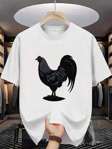 Camiseta de Algodón 100% para Hombre - Manga Corta, Cuello Redondo, Estampado Digital, Cómoda para Todas las Estaciones, Lavable a Máquina, Ideal para Salidas Diarias, Cuello Redondo, Diseño Circular, Camiseta Casual de Verano Tshirt Muscle Freaks Gallo estilo Pollo Rooster Espanol - Blanco - Ver 1