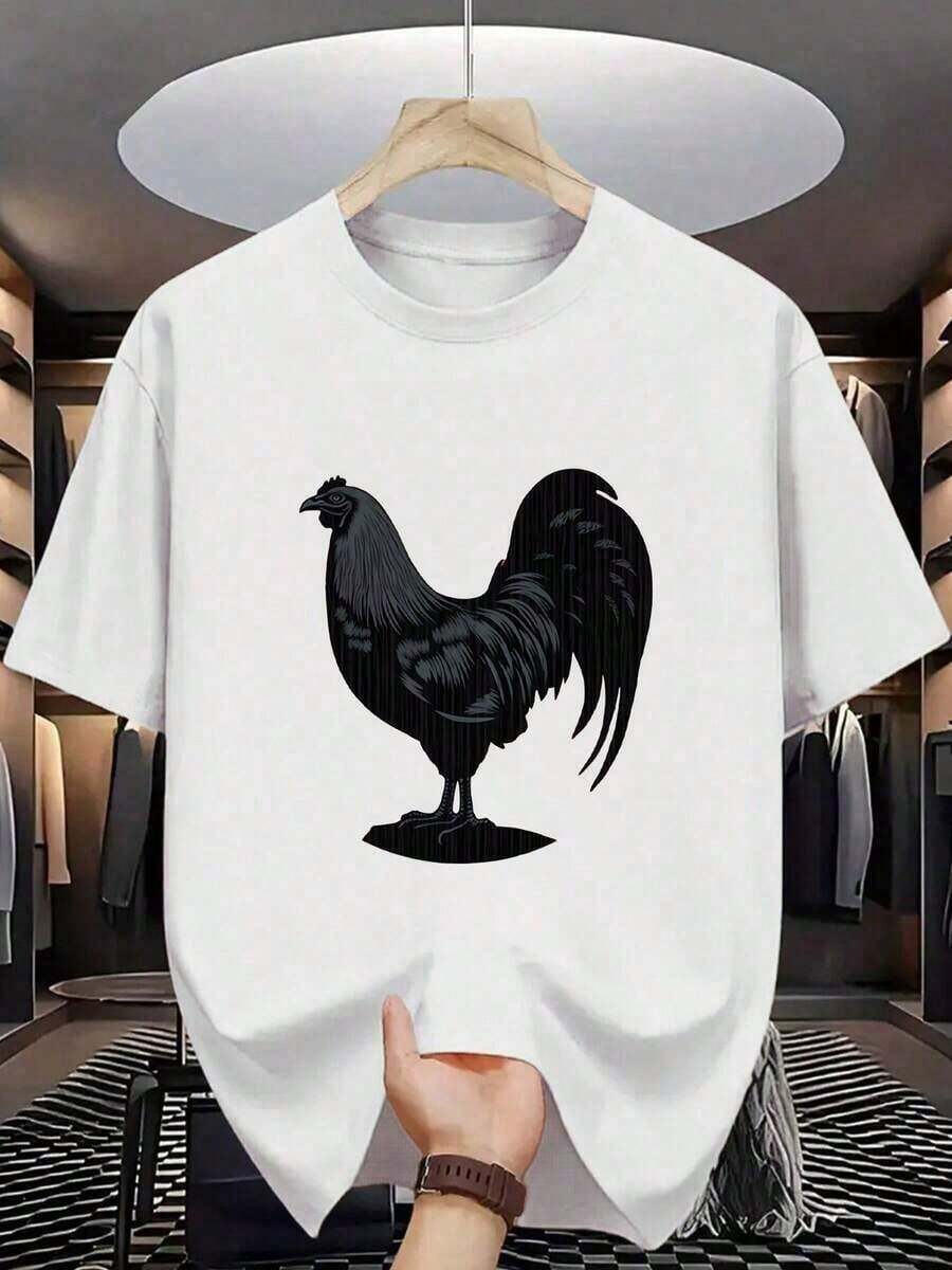 Camiseta de Algodón 100% para Hombre - Manga Corta, Cuello Redondo, Estampado Digital, Cómoda para Todas las Estaciones, Lavable a Máquina, Ideal para Salidas Diarias, Cuello Redondo, Diseño Circular, Camiseta Casual de Verano Tshirt Muscle Freaks Gallo estilo Pollo Rooster Espanol - Blanco - Ver 1