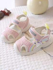 1 Pair Girls' Casual Cartoon Pony Decor PU Mesh Breathable Soft Sports Sandals, Summer Closed Toe Anti-Kick Protective Foot Wear, Non-Slip Rubber Sole, Easy Hook & Loop Closure - Pink - View 4