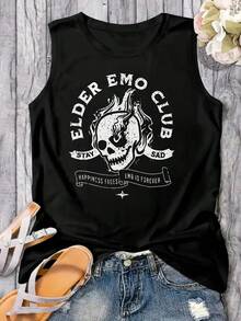 Plus Size Women's Sleeveless Round Neck Vest With Emo Skull Halloween Print, Breathable Casual Tank Top, Multiple Colors Available - màu đen - Xem 2