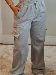 Women's Wide-Leg Cargo Pants With Fleece Lining And Cargo Pockets For Winter. - 灰色 - 查看 1