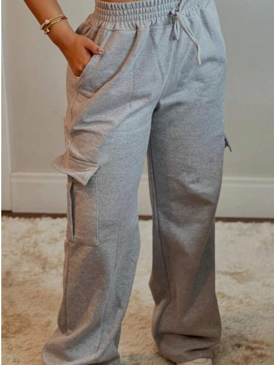 Women's Wide-Leg Cargo Pants With Fleece Lining And Cargo Pockets For Winter. - 灰色 - 查看 1