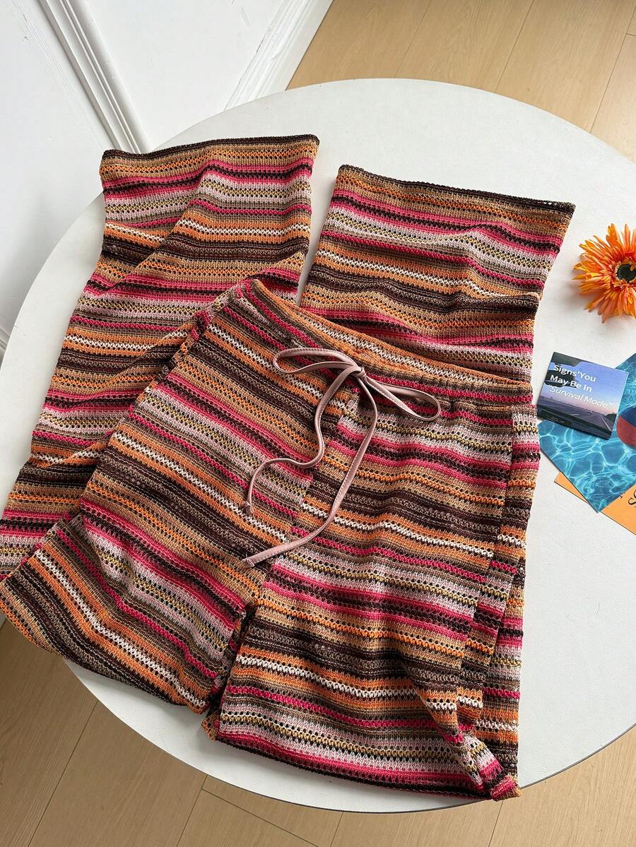 Pantalones casuales, diarios y de vacaciones con estampado de rayas y nudos para mujer - Multicolor - Ver 1