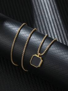 Kalung Liontin Pria, Kalung Baja Titanium Fashion Bingkai Foto Halus Sederhana, Liontin Cermin Persegi dengan Efek Tetesan Minyak, Perhiasan Pria - Emas - View 8
