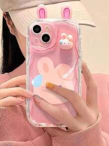 Korean Style Cute 3D Eyes Transparent Wavy Phone Case, For IPhone 17 Pro Max Air 16 15 14 13 12 11 Pro Max Plus, Cute Animal Girl Pattern, Soft Shockproof Bumper Protective Cover - Pink - View 3