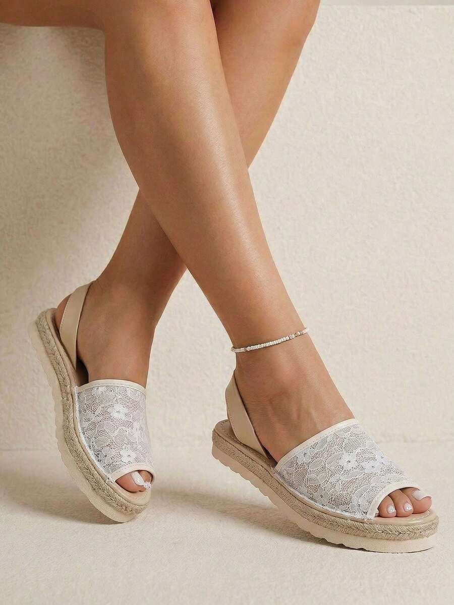 planare New Women's Lace Open Toe Slingback Flat White Sandals, Fashionable For Summer Vacation And Travel - White - View 1