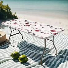 1pc White Base Blue Flower Elastic Table Cover, Waterproof Oilproof Outdoor Camping Picnic Rectangular Tablecloth Home Decor - A - View 4