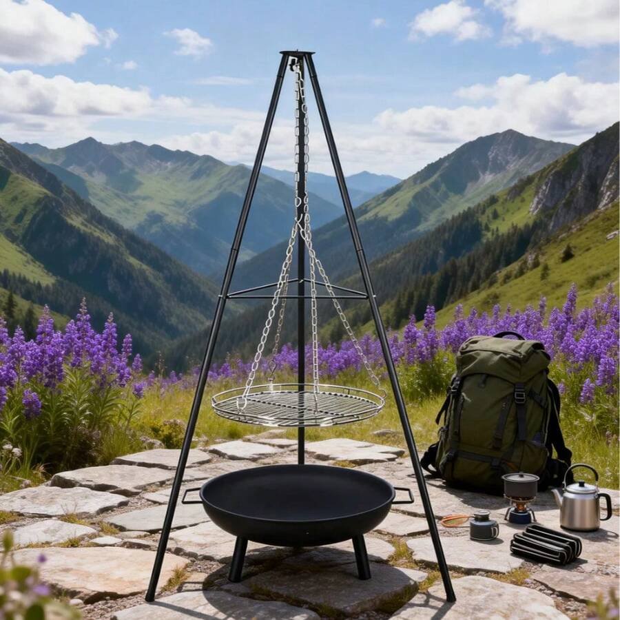 Outdoor Triangular Hanging Stove / Patio Heating Fire Pit / Camping BBQ Grill / Adjustable Height Tripod - Black - View 1