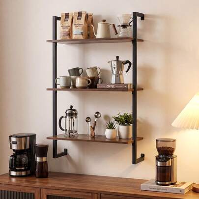  COSTWAY 3-Tier Floating Shelf For Wall, Industrial Kitchen Shelf, Wall Mounted Coffee Bar Shelving, Hanging Display Storage Rack For Living Room, Home Office And Bathroom, Rustic Brown