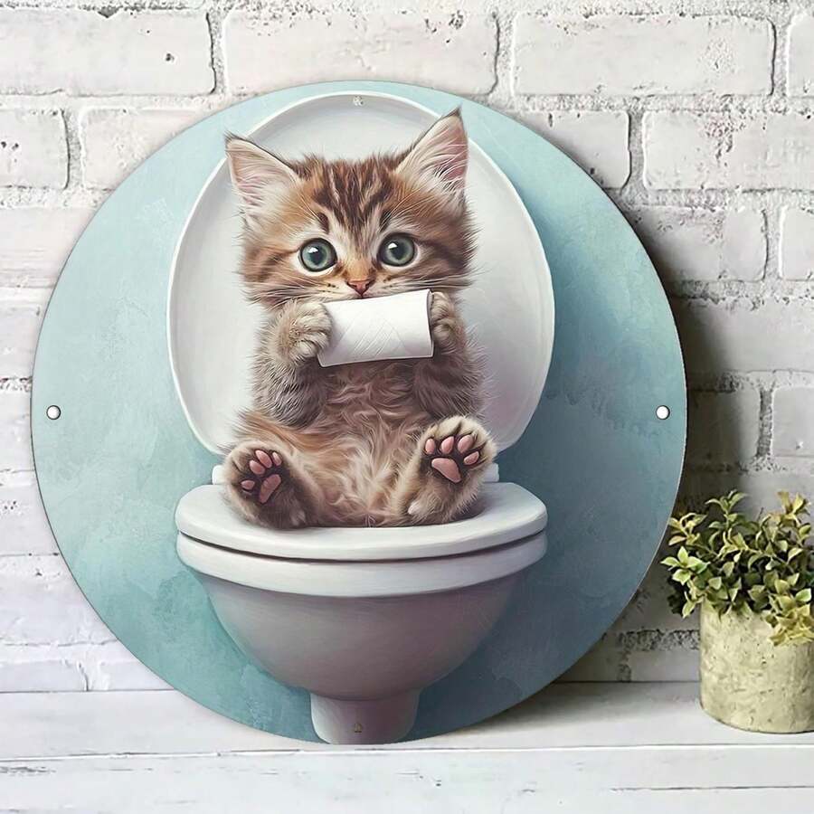 Tấm kim loại phẳng 2D, hình chú mèo dễ thương ngồi trên bồn cầu cầm giấy vệ sinh, thích hợp trang trí phòng khách, phòng ngủ, quán cà phê, quán bar, gara, nhà cửa, tường ngoài trời, kích thước 20*20cm/7.87*7.87 inch, dạng phẳng 2D (vị trí lỗ ngẫu nhiên) - A - Xem 1