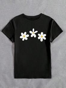 Camiseta de algodón 100% con cuello redondo, manga corta y estampado de perlas falsas, top casual de verano para mujer - Negro - Ver 7