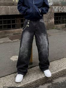 Jeans droits larges à jambe droite avec lavage délavé noir, texture craquelée brodée unique, look vintage usé artistique, pantalon décontracté américain - Noir - Voir 2
