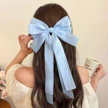 1pc Sweet Blue Mesh Bow Hair Clip, Extra Large Double-Layer Shiny Bow Ribbon Spring Clip, Elegant Soft Partial Updo Hair Accessory For Spring,Summer,Holiday,Travel, Head Accessories, Claw Clips - Light Blue - View 2