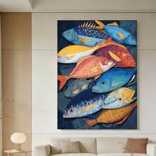 Framed 1 póster de arte mural costero enmarcado -  estilo manga, decoración náutica mediterránea con vida marina vibrante en azul, naranja y dorada para verano - lienzo envuelto para cocina, comedor o sala de estar - instalación fácil con gancho/pasta/montaje, decoración marina versátil, plano 2D - Enmarcado - Ver 3