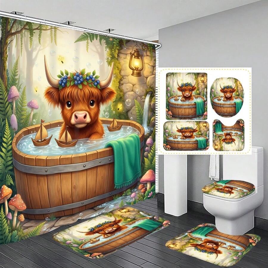 1 pieza/4 piezas Conjunto de cortina de ducha multifuncional con diseño de vaca de las tierras altas para acuario, incluye 12 ganchos gratis, crea un ambiente elegante y festivo, alfombra de baño, alfombra en forma de U para el piso y alfombra redonda para el inodoro, adecuado para todo tipo de baños - Bañera Vaca de las Tierras Altas 2 - Ver 1