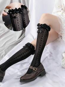 1 đôi tất dài đến bắp chân kiểu Nhật Bản viền ren, tất mỏng dài kiểu Lolita, họa tiết Gothic Lolita thanh lịch, thời trang mặc hàng ngày. - Nhiều màu - Xem 11