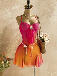 Women's Vacation Mini Dress With Sunset Ombre, Ruffle Trim, And Metallic Floral Decor, Suitable For Beach, Cruise, City, Holiday, Date, Afternoon Tea, Music Festival, Boho, All Seasons, Everyday Wear Swimsuit Dress For Women Beach Outfits For Woman, Short Beach Dress,Beach Cruise Vacation Set, Casual Vacation Outfit, Beach Vacation Outfit,Island Vacation Outfit,Party Outfit,Retro Dress,Retro Outfit, Music Festival Outfit,Boho Vacation,Valentine's Day Outfit,Beach Cruise Vacation Outfit ,Summer Dress,Beach Vacation Outfits For Women - 亮橙色 - 查看 2