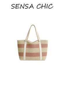 Bolso de hombro de paja tejida a rayas, bolso de tela casual, bolso de hombro de gran capacidad con correas anchas y diseño a rayas. Perfecto para viajes a la playa, compras, salidas y tareas diarias. Adecuado para estudiantes, damas de oficina y madres, textura ligera y transpirable que transmite un ambiente relajado y veraniego - Multicolor - Ver 5