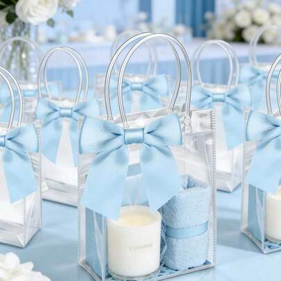 10pcs Reusable Clear Plastic Gift Bags With Handles, PP Material With Bow Decor, Suitable For Wedding, Bridal Shower, Birthday Party, Baby Shower, Gender Reveal Party, Small Business