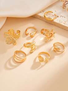 8pcs Vintage Punk Water Drop Flower Sun Multi- Ring Set, Fashion Geometric Design Rings, Suitable For Women's Daily Outfits And Party Accessories, Great Gift - Gold - View 3
