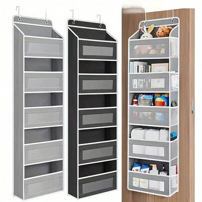 Organizador colgante de 5 niveles para colgar sobre la puerta - Incluye ganchos transparentes y estantes colgantes. Diseñado con tela no tejida de gran capacidad, ideal para el armario, el baño y el dormitorio. Este estante de almacenamiento colgante sobre la puerta y las bolsas de almacenamiento colgantes transparentes están diseñados para las necesidades de almacenamiento del hogar, adecuados para guardar cosméticos, toallas, etc.