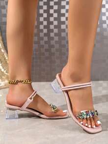 2026 New Thick Heel Fairy Slide Sandals, Square Toe Niche Design Transparent Strap Versatile Mid-Heel Roman Shoes, Rhinestone Decorated Fashionable Elegant Fairy Style Slide Sandals, Dual-Wear Sandals - Pink - View 4