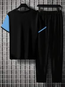 Men's Contrast Color Sports Letter "King" Print Round Neck Short Sleeve Pants Set Summer - Blue - View 4