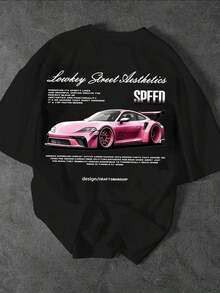 Men's Casual Loose Fit Racer Slogan Print Black T-Shirt, Fashionable Street Style For Daily Commute, Summer Festival Outfit - Black 4 - View 3
