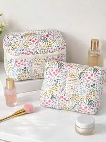 Large Capacity Women's Cosmetic Bag – Multi-Functional Handbag For Travel & Daily Use, Stylish Leaf & Pink Flower Design - Multicolor - View 11