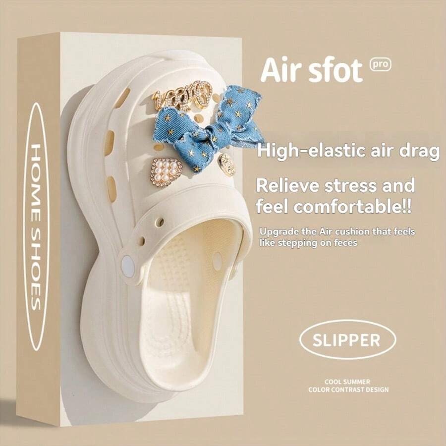 Teenage Girl Slippers With Bow Tie Design, Exclusive Fashion Lightweight Clogs With Thick Soles And Holes, Summer Beach Vacation Outdoor Pool Slippers Girl's Student Slip-On Slippers Slip-On Slipper EVA Soft Sole Slip-On Slippery Comfortable Leisure Girl's Slippers Garden Shoes And Sandals, Customized Pendant, Suitable For Home And Travel, Suitable For Four Seasons. - 白色 - 查看 1