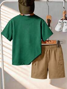 1 Set Boys' Funny Face Print Short Sleeve T-Shirt And Cargo Shorts, Casual Loose Fit Sportswear Outfit For Teens And Older Kids, Perfect Summer Gift For School And Outdoor Wear - Multicolor - View 2