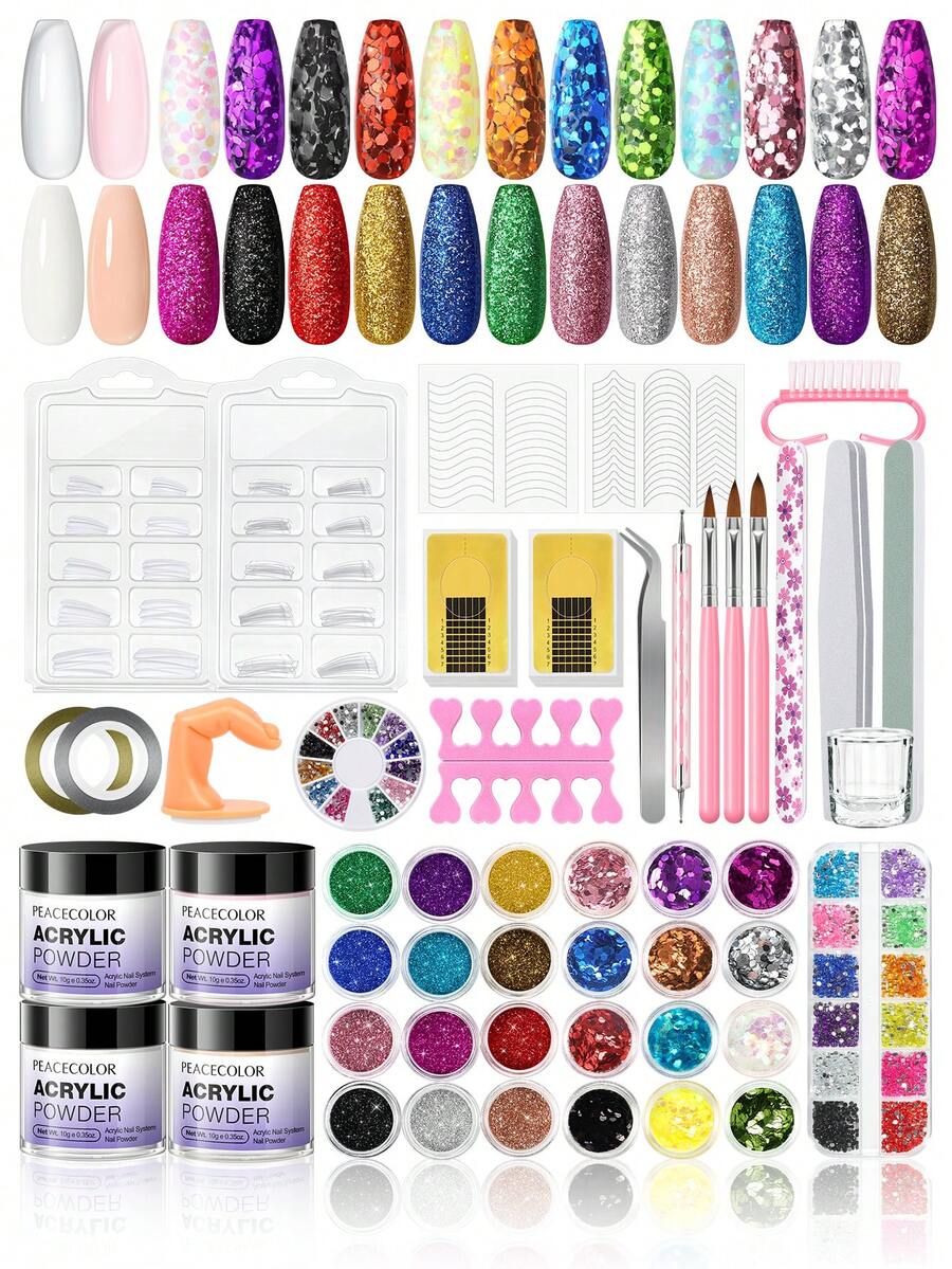 peacecolor 28 pièces Kit de Nail Art Acrylique - 10g Poudre Acrylique Transparente, Blanche, Rose, Rose Nude et Paillettes Décoratives, Pinceaux à Ongles, Kit Acrylique DIY pour Femmes, Salon d'Ongles, Cadeau de la Saint-Valentin