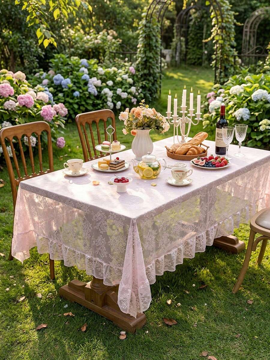 1pc French Countryside Style Floral Lace Trim Tablecloth, Holiday Decor - Pink - View 1