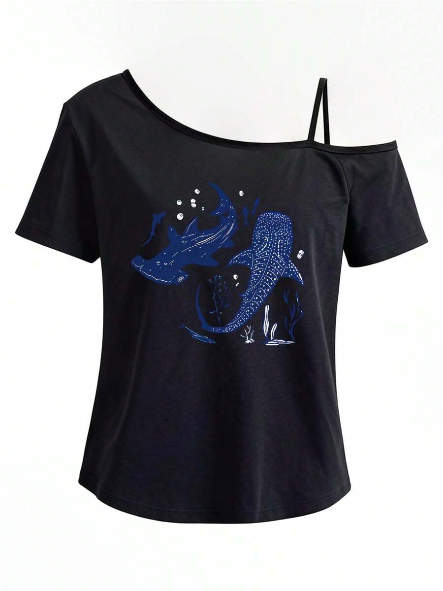Women One-Shoulder Short-Sleeve T-Shirt, Whale Shark, Marine Life Print Fashion Top, Slanted One-Shoulder Strap, Rock Concert Outfit - 黑色 - 查看 1