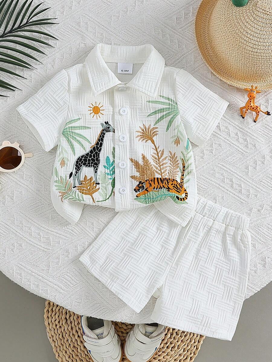 2pcs Baby Boy Textured Cute Cartoon Giraffe & Tiger Print Shirt And Elastic Waist Shorts Set, Street Fashion Children Outfit Suitable For Daily & Outdoor Wear - 白色 - 查看 1